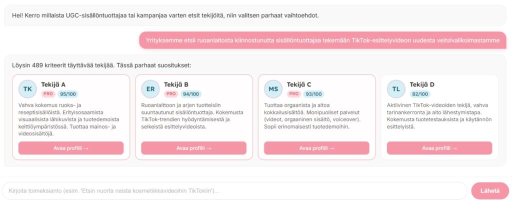 UGC Chat Valitse sopiva sisällöntuottaja