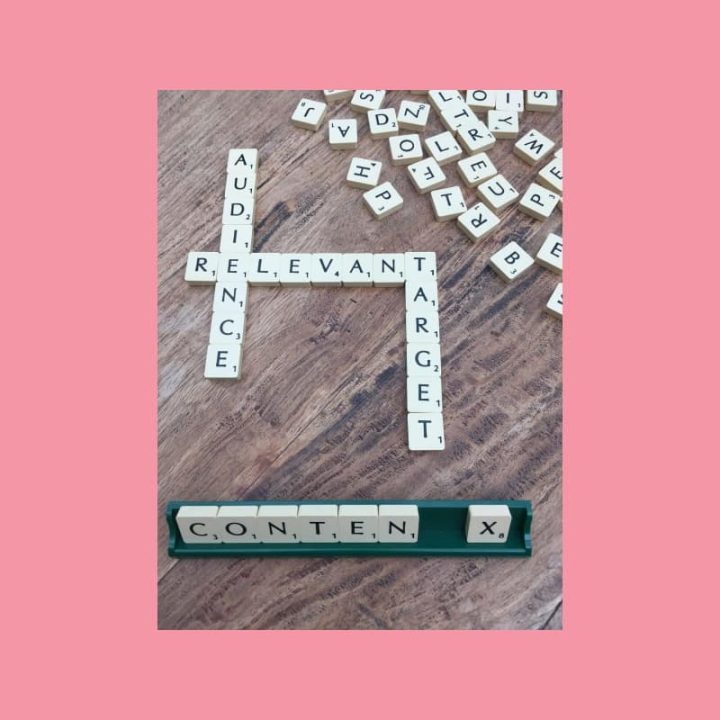 Sisältömarkkinointi kiteytyy kirjainlaattoihin, jotka muodostavat sanat audience, target ja relevant puupöydällä.