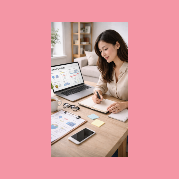 Markkinoija suunnittelee sisällöntuotannon ulkoistamista kotitoimistossa, kannettavan näytöllä Content Strategy -raportit ja muistiinpanot pöydällä